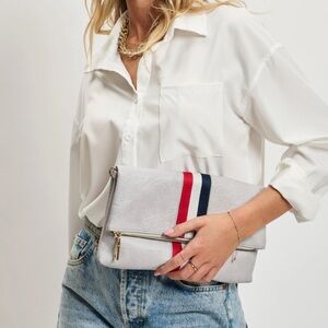 Stylish Gray Clutch or cross body with Red and Blue Stripes